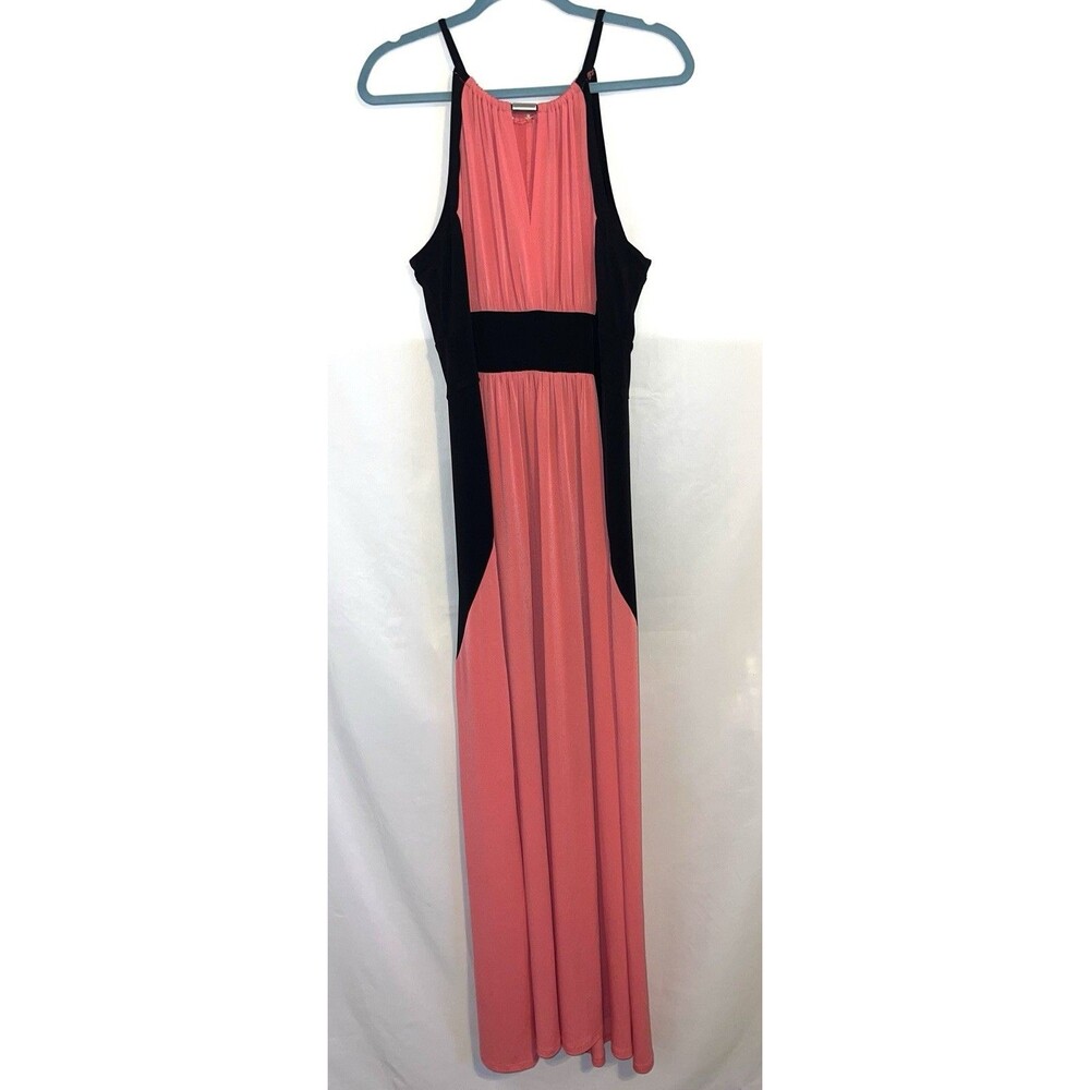 London Times Dress Halter Neck Floor Length Coral Black Stretch Women’s Size 14